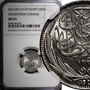 Egitto Occupazione Monetazione Argento AH1335/1917 H 2 Piastres NGC MS63 KM# 317,2 (37) - Foto 1 di 5