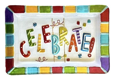 Plato de vidrio Pier 1 Importaciones MULTICOLOR cumpleaños “¡CELEBRA!” 12 x 8” Foto 1 de 4