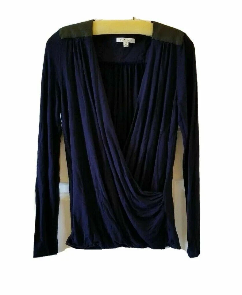 CAbi Navy Blouse Faux Black Leather Trim Size Small Limited Edition Long Sleeve  - Image 1 of 4