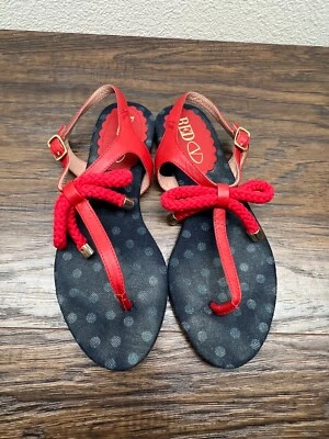Sandalias planas ROJAS Valentino Denim Lunares Rojo Cuerda Arco Tanga Correa 35 EE. UU. 5 Foto 1 de 4