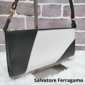 Salvatore Ferragamo Gancini Shoulder Bag Bicolor Leather Black & White Used Auth - Picture 1 of 13