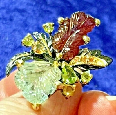 Anillo Tallado Granate Aguamarina Natural Plata 925 Esterlina Flor Única Única Única Foto 1 de 4