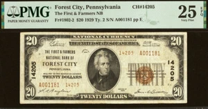 1929 $20 National Bank Forest City, Pennsylvania CH# 14205 PMG 25EPQ rare - Picture 1 of 3