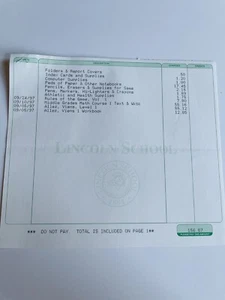 Lincoln School Providence RI September 1997 Ephemera - School Book Store receipt - Bild 1 von 2