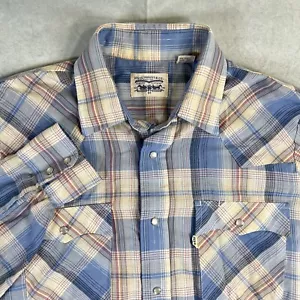 Vintage 90s Levis Pearl Snap Plaid Western Shirt Women Medium Blue Pink Silver - Picture 1 of 7