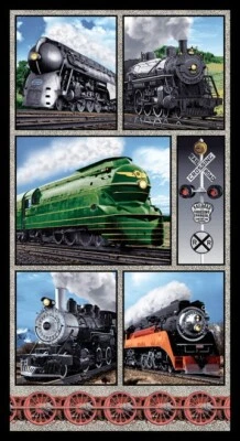 BLANK QUILTING 24" X 44" Panel Trains Railroad On The Right Track Cotton Fabric Panel D694.69