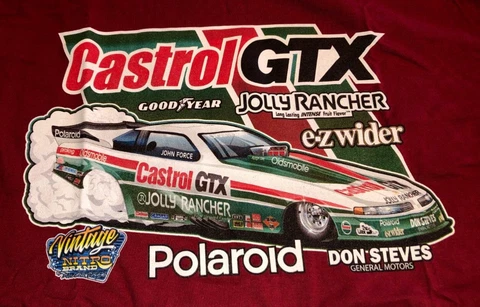 SALE! John Force CASTROL GTX Oldsmobile Funny Car Cardnial Red Large T-Shirt Cover