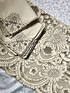 Vintage Needle Lace Chee Foo Hand Embroidered Tablecloth Napkins Lotus Flower - Picture 1 of 24