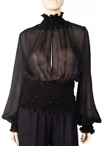 Vintage ROBERTO CAVALLI Gr. 42 transparente Seide Chiffon Schlitz vorne und hinten gerafft Bluse - Bild 1 von 4