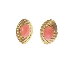 GENUINE NATURAL OVAL CABOCHON PINK CORAL EARRINGS SOLID 14K YELLOW GOLD - Picture 1 of 3