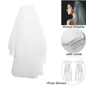 White Lace Wedding Veil Pearl Rhinestone Bride Bridal Veils With Comb Gloves Set - Picture 1 of 9
