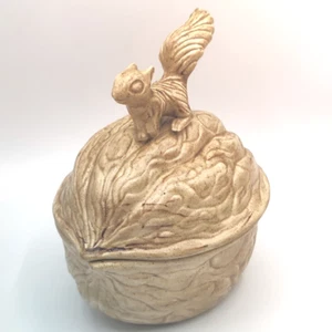 Vintage 1975 Walnut-Shaped Ceramic Nut Dish w/ Squirrel Lid, Rustic Tan Glaze - Picture 1 of 8