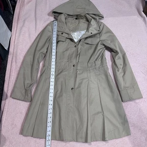 Guess Women’s Khaki Trench Coat Hooded Full Zip Snap Front Jacket Size L - Picture 1 of 6