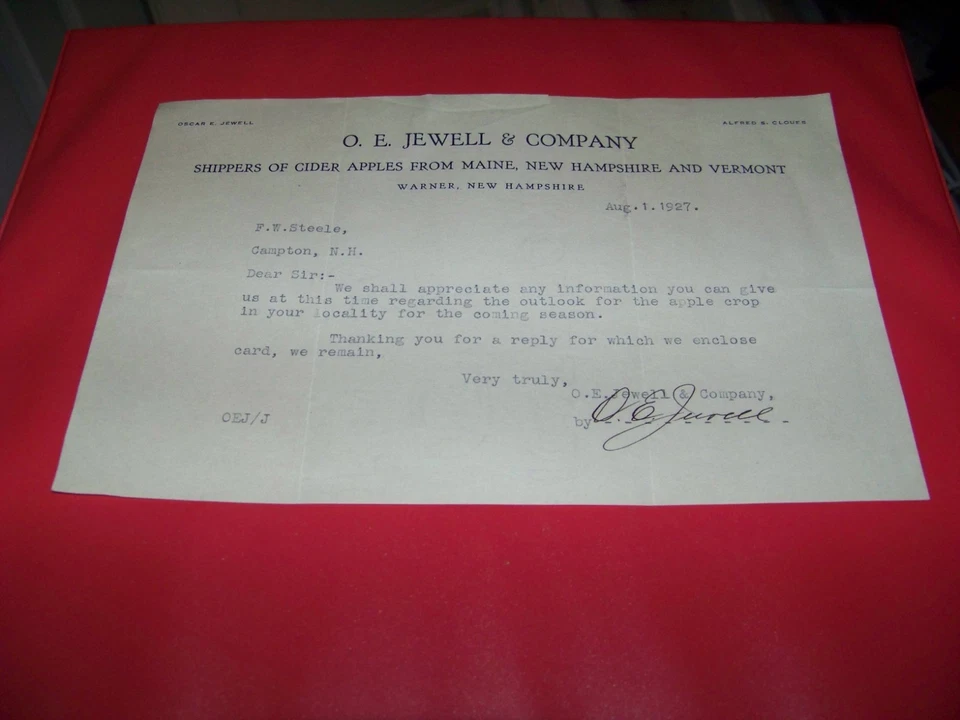 1927 O. E. Jewell & Company Warner New Hampshire F. W. Steele Campton - Image 1 of 1