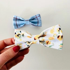 NEW HANDMADE Blue Brown Plaid Yellow Floral Dog Cat Pet Collar Elastic Bow Tie - Picture 1 of 4