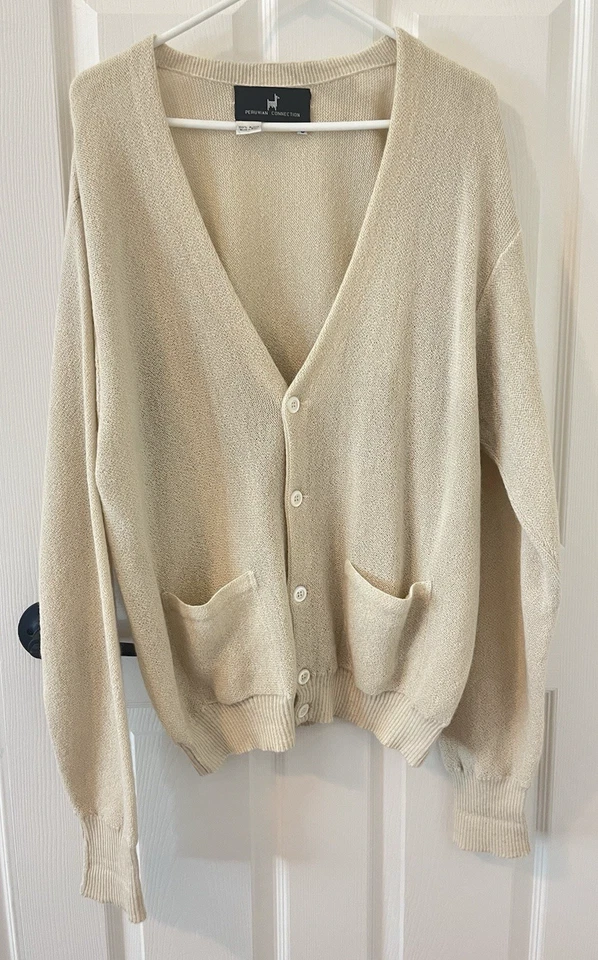 Peruvian Connection Alpaca Cardigan Sweater Cream V-Neck Pockets Mens Large - Image 1 of 4