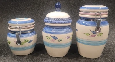 Gibson Ceramic Canisters 3 Piece Set with Lids Blue Green Purple Floral Pattern - Image 1 of 4