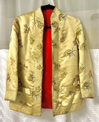 Chaqueta de brocado de seda china Ai Feng reversible vintage forro rojo floral dorado Foto 1 de 4
