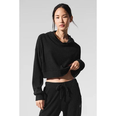 Alo Muse Ribbed Knit Cropped Hoodie Black Women XS - Image 1 of 4