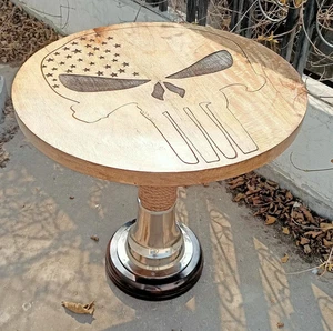 Punisher Skull Round Wooden Leather Coffee Table Bar Café Restaurant Garden Pub - Picture 1 of 9