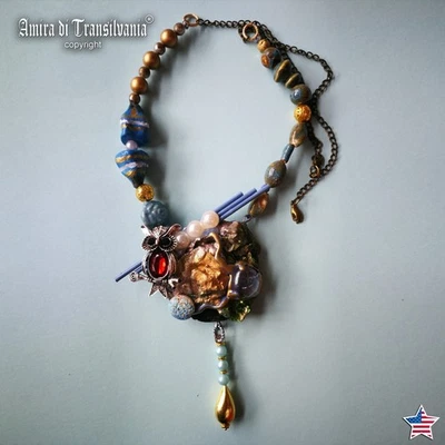 Vintage Assemblage Jewelry Necklace Pendant Luxury Nocturnal Bird Owl Stone Bib - Image 1 of 4