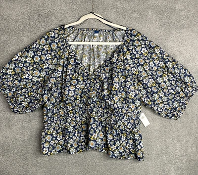 Blusa Old Navy Feminina Floral Smocked Tamanho 2X Azul Camponês Floral Boho Ruched Artística - Imagem 1 de 4