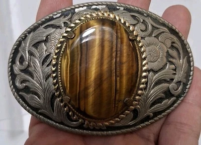 Hebilla de cinturón vintage ovalada ojo de tigre Western tono plateado leer look Foto 1 de 4