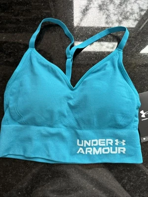Under Armour Sports Bra Womens Small Blue Seamless Low Impact Longline V Neck - Image 1 of 4