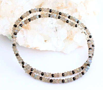Labradorit Kette mit Schwarz Spinell Edelsteinkette Collier halskette Damen 45cm - Bild 1 von 2