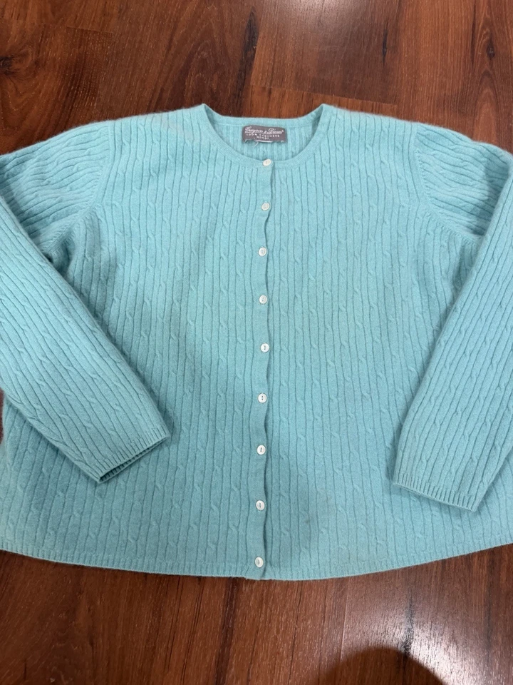 Cárdigan suéter de punto con cable 100 % cachemir verde azulado para mujer Grayson & Dunn XL verde azulado Foto 1 de 4