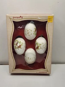 Vintage Pyramid Satin Sheen Christmas Tree 4pc Ornaments Birds Graphics - Picture 1 of 7