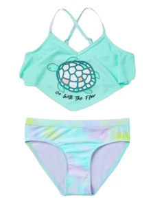 Justice Girls Bikini Swimsuit Mint 7/8 Flounce Adjustable Straps 2 Piece Set - Picture 1 of 10