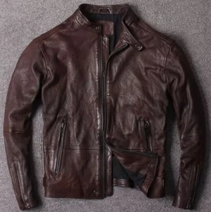 Men's Biker Brown Vintage Motorcycle Distressed Cafe Racer Real Leather Jacket - Picture 1 of 8