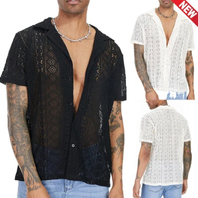 Mens Crochet Floral Lace short Sleeve Shirt See-Through Mesh Collared Top Par L - Image 1 of 4