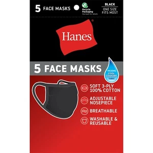 5 Pack - Hanes Black 100% Cotton Face Mask Reusable / Washable Cover Face Mask - Picture 1 of 3