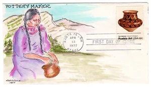 #1707 Pueblo Art Native American 1977 FDC - Doris Gold Hand-Painted UNIQUE - Picture 1 of 2