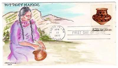 #1707 Pueblo Art Native American 1977 FDC - Doris Gold Hand-Painted UNIQUE - Image 1 of 2