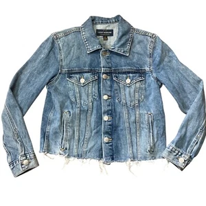 Lucky Brand Size S The Tomboy Trucker Frayed Raw Hem Crop Blue Denim Jean Jacket - Picture 1 of 7