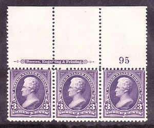 US 268 3c Jackson Mint Full Top Plate #95 Strip of 3 F-VF OG NH SCV $400 (001) - Picture 1 of 2