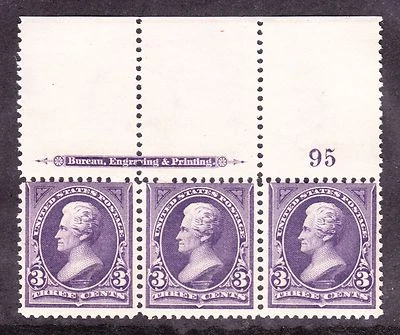 US 268 3c Jackson Mint Full Top Plate #95 Strip of 3 F-VF OG NH SCV $400 (001) - Image 1 of 2