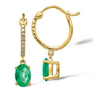 14K Solid Yellow Gold Diamond Emerald Medium Hoop Dangle Earrings - Picture 1 of 11
