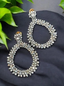 Grey Glass Crystal party drop dangle Boho Long Pierced Earrings 2 3/4” - Picture 1 of 7