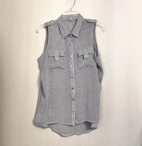 Charlotte Russe Top Blouse Women L White Black Striped Sleeveless Pockets Sheer - Picture 1 of 17