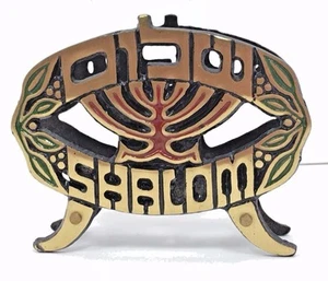 Hebrew Jewish English Shalom Brass Bronze Enamel Menorah Napkin Envelope Holder - Picture 1 of 5
