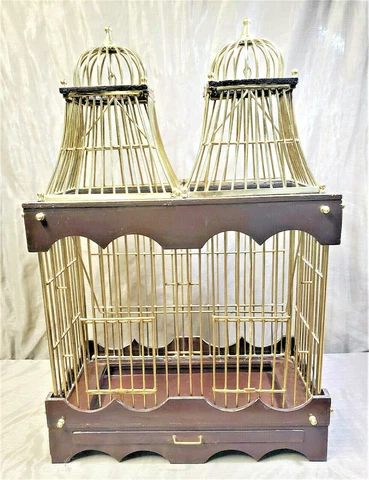 BRASS & WOOD Bird Cage Metal Double Dome Cathedral House Cover
