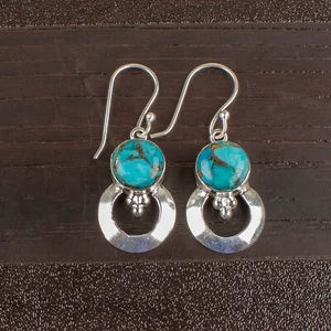 Copper Turquoise Gemstone Dangle Earrings 925 Sterling Silver Handmade Jewelry - Picture 1 of 5