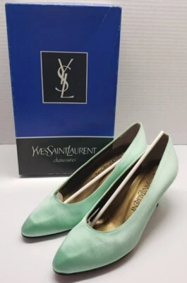 Yves Saint Laurent Satin Kitten Heel Pumps In teal Size 5 m Narrow - Image 1 of 4