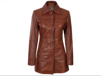 Women's Genuine Leather Lambskin Cognac & Black Leather Jacket Long Coat 3/4 - Image 1 of 4