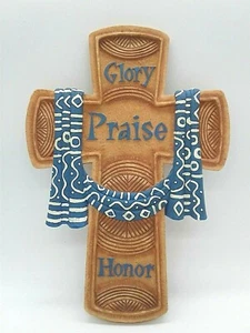 Crossroads Glory Praise Honor Cross Wall Plaque Hanging 2004 Brown and Blue 9.3" - Picture 1 of 8