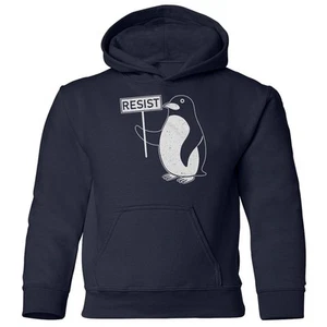Penguin With Resist Sign - Anti Tariff Protest Youth Hooded Sweatshirt - Picture 1 of 11